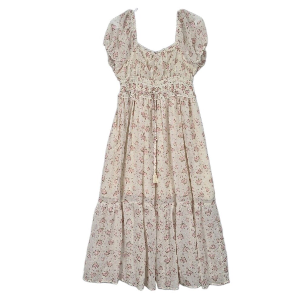 Floral Peasant Cottage Core Maxi Midi Dress Medium Puff Sleeve Romantic Prairie